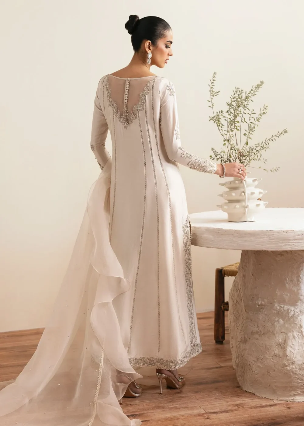 Friya Ivory Raw Silk A-Line Shirt with Culottes and Ruffled Dupatta