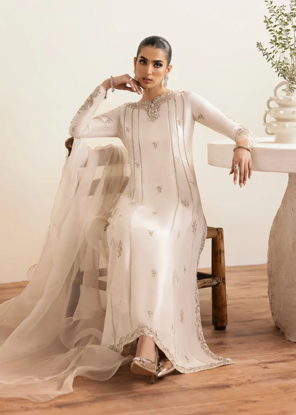 Friya Ivory Raw Silk A-Line Shirt with Culottes and Ruffled Dupatta