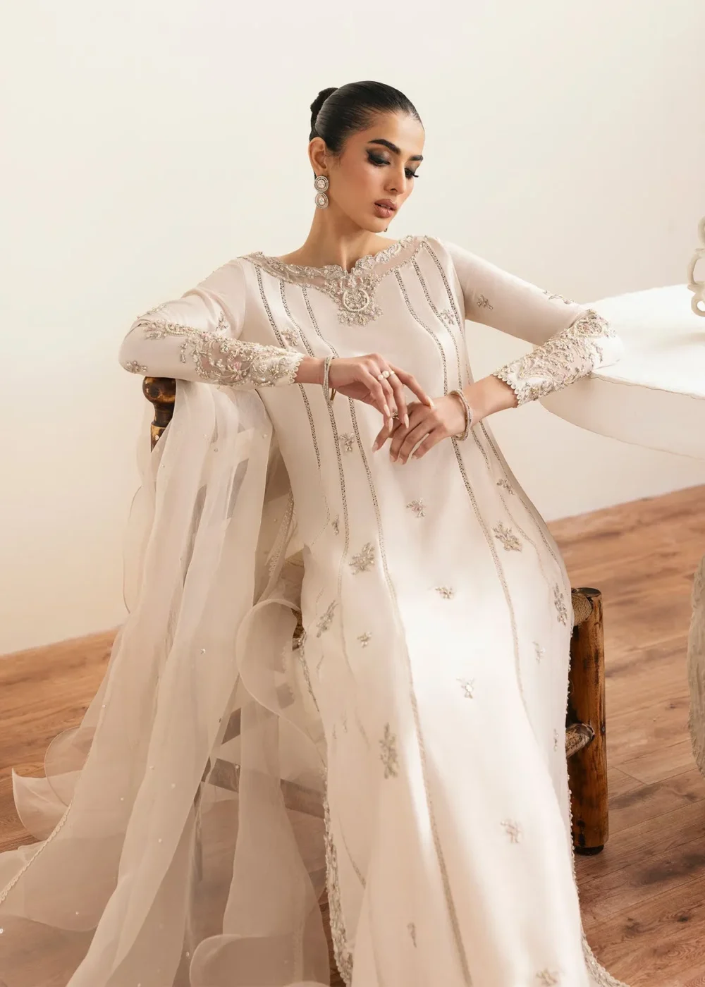 Friya Ivory Raw Silk A-Line Shirt with Culottes and Ruffled Dupatta