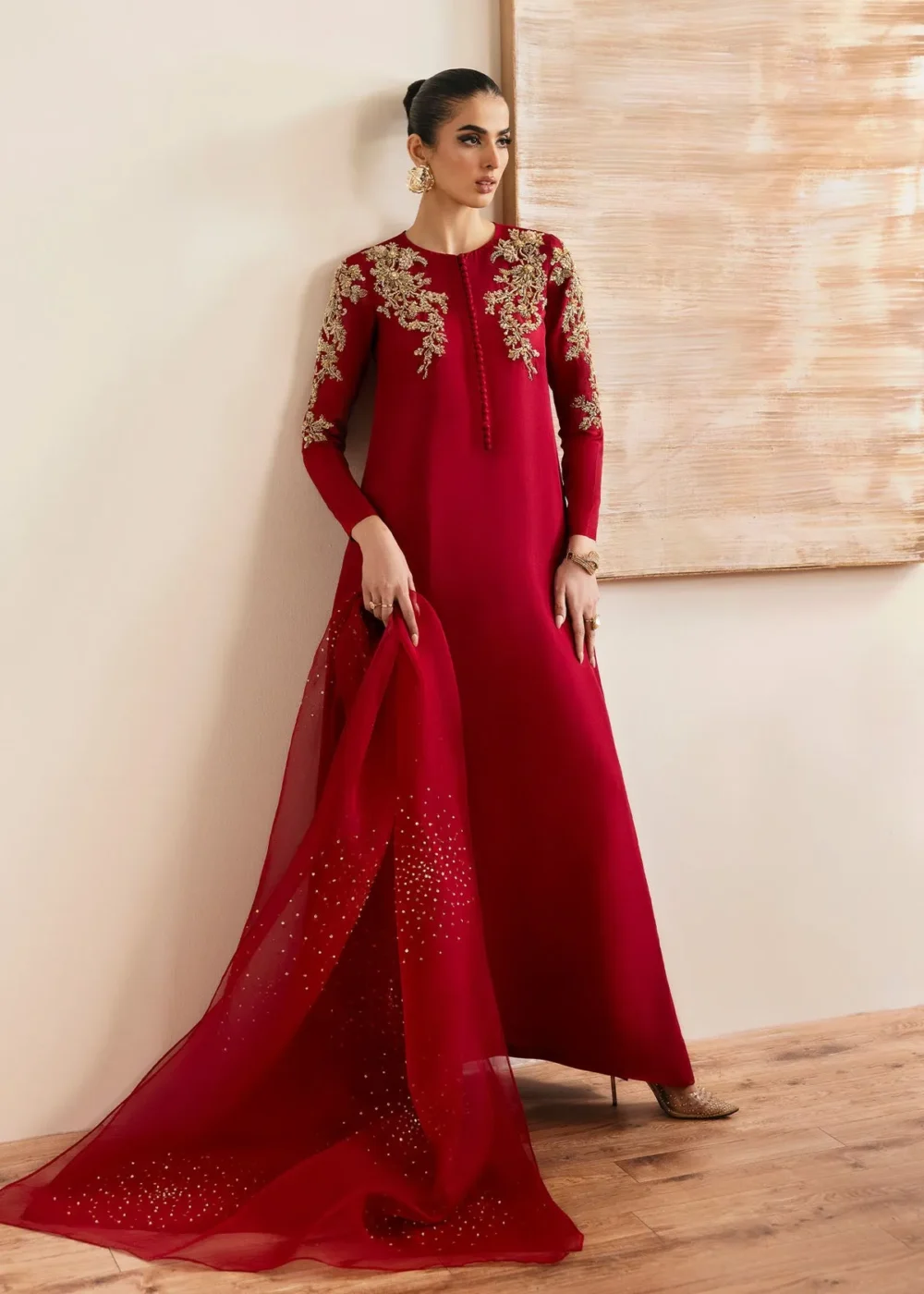 Rosia Crimson Silk Shirt with Cigarette Pants and Kathan Organza Dupatta
