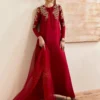 Rosia Crimson Silk Shirt with Cigarette Pants and Kathan Organza Dupatta