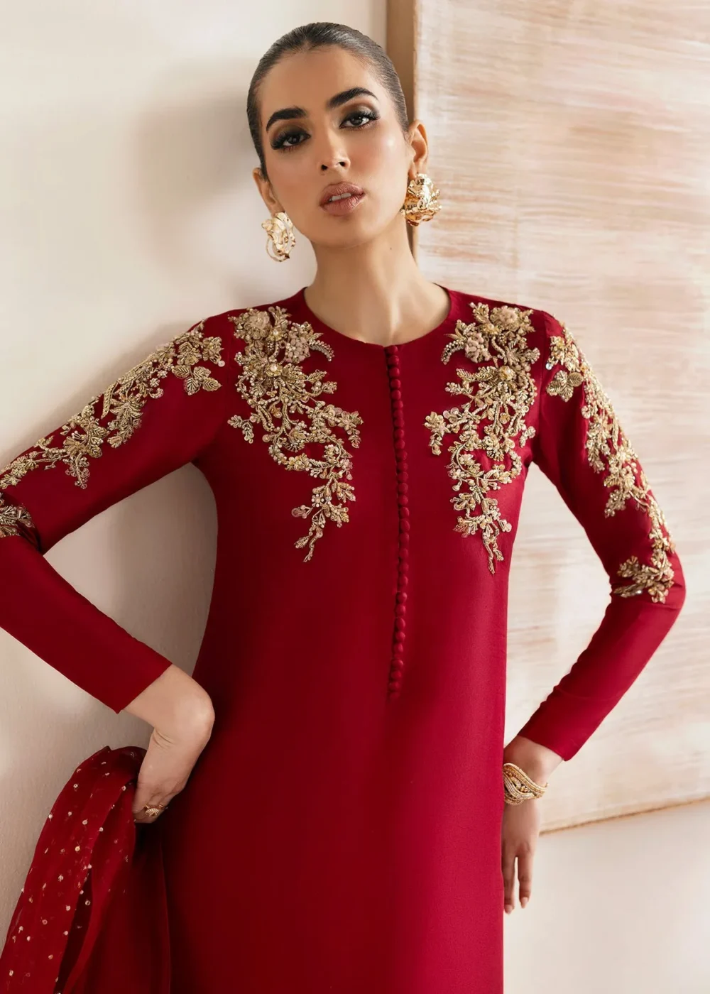 Rosia Crimson Silk Shirt with Cigarette Pants and Kathan Organza Dupatta