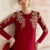 Rosia Crimson Silk Shirt with Cigarette Pants and Kathan Organza Dupatta