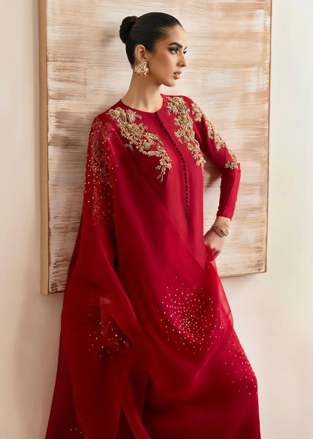 Rosia Crimson Silk Shirt with Cigarette Pants and Kathan Organza Dupatta
