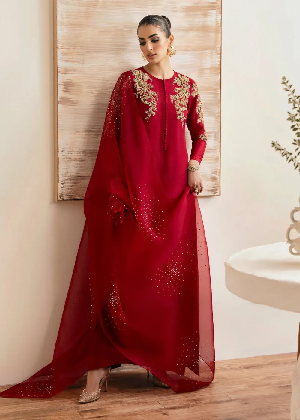 Rosia Crimson Silk Shirt with Cigarette Pants and Kathan Organza Dupatta