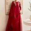 Rosia Crimson Silk Shirt with Cigarette Pants and Kathan Organza Dupatta