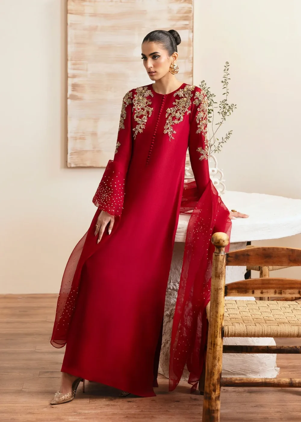 Rosia Crimson Silk Shirt with Cigarette Pants and Kathan Organza Dupatta