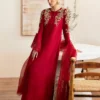 Rosia Crimson Silk Shirt with Cigarette Pants and Kathan Organza Dupatta