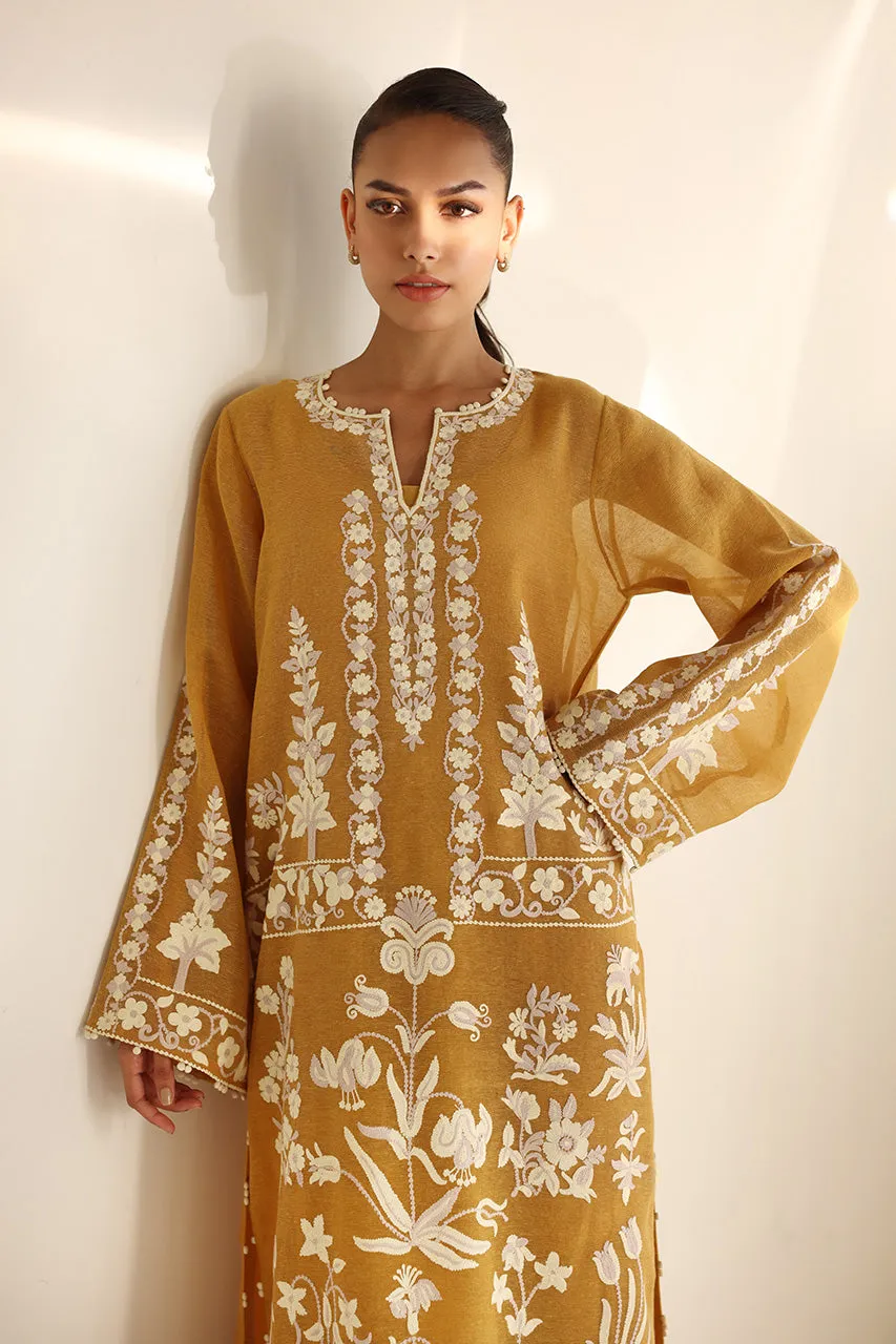 Embroidered Mustard Dress Floral
