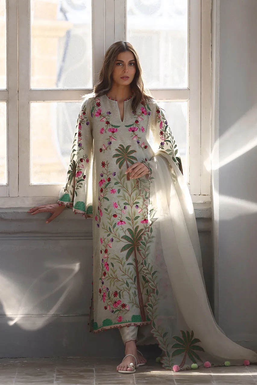 Ivory Raw Silk Long Shirt with Palm Tree and Floral Embroidery