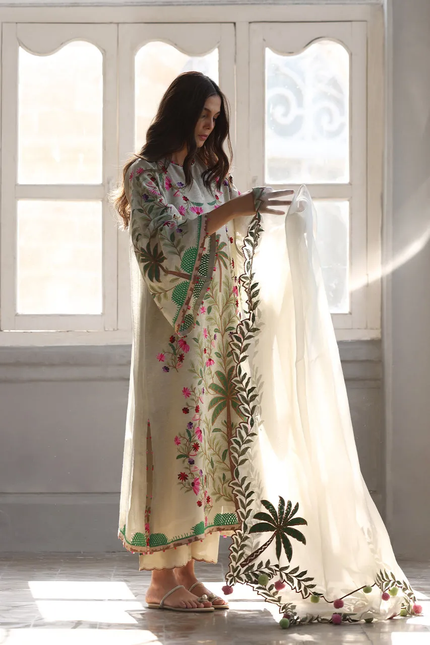 Ivory Raw Silk Long Shirt with Palm Tree and Floral Embroidery