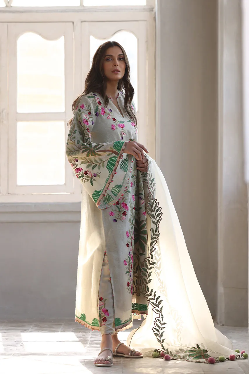 Ivory Raw Silk Long Shirt with Palm Tree and Floral Embroidery