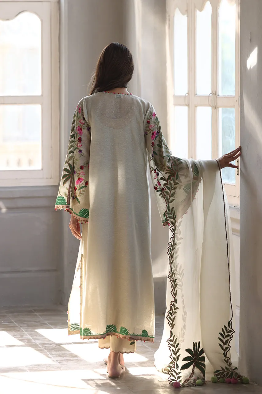 Ivory Raw Silk Long Shirt with Palm Tree and Floral Embroidery