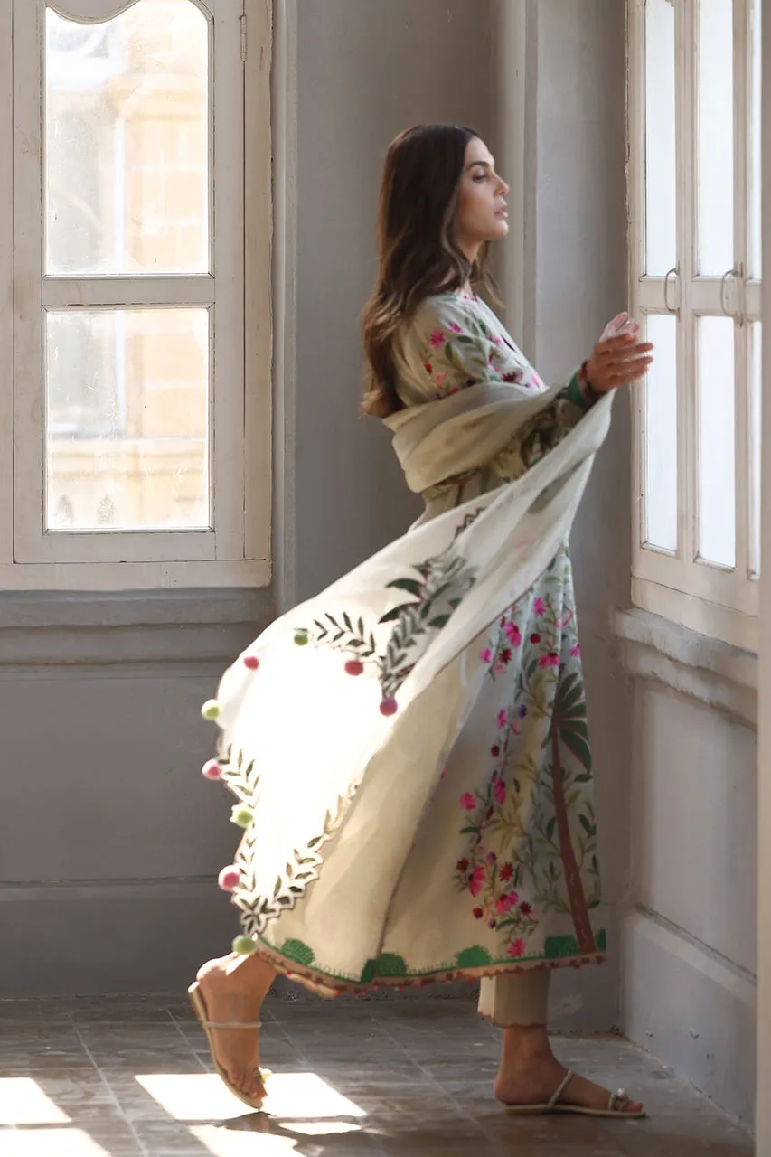 Ivory Raw Silk Long Shirt with Palm Tree and Floral Embroidery