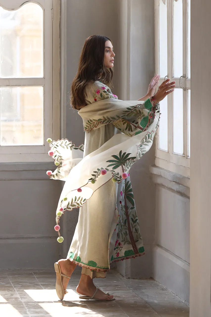 Ivory Raw Silk Long Shirt with Palm Tree and Floral Embroidery