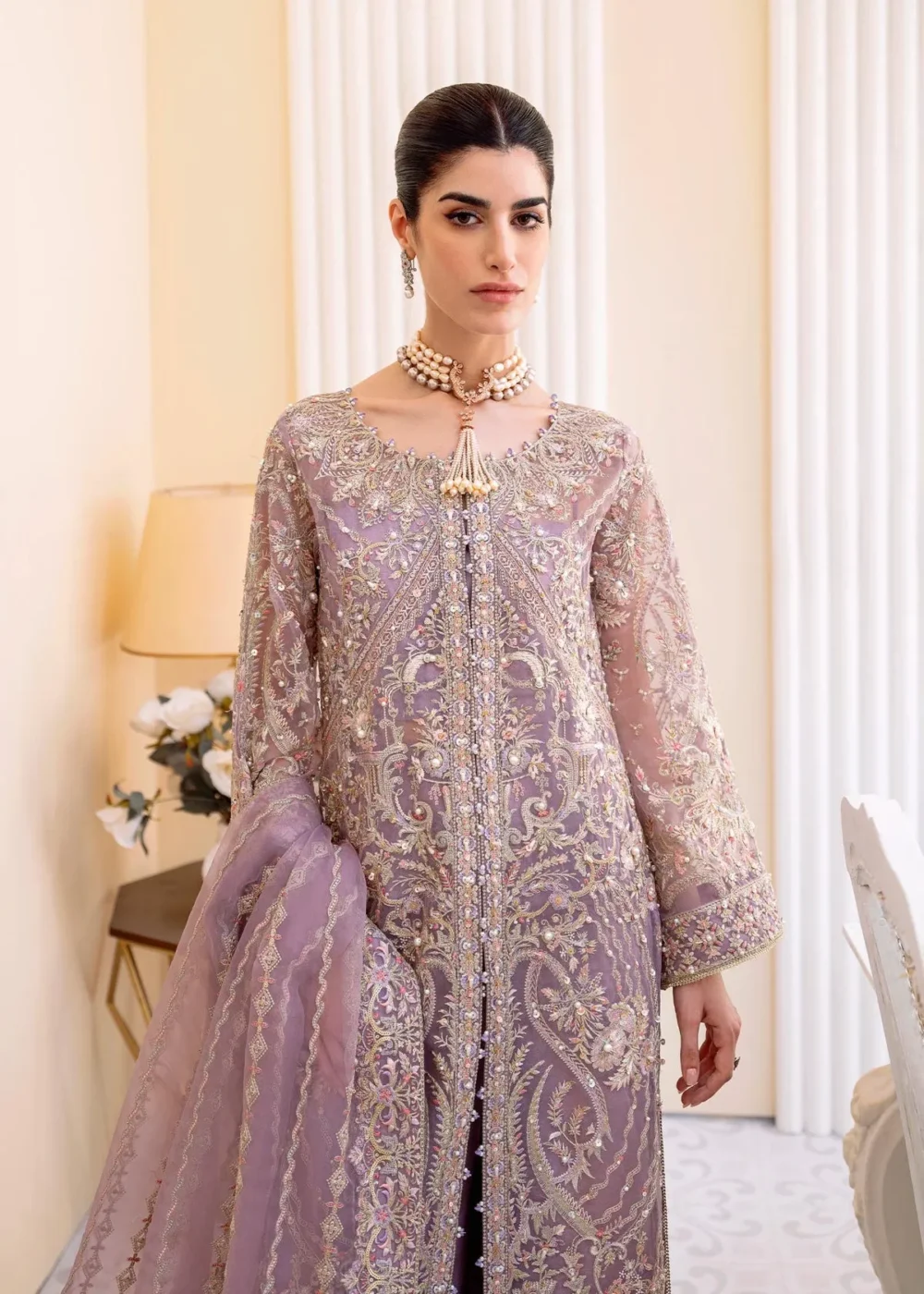 "Lilac Organza front open gown with intricate embroidery and sequins"