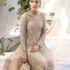 Nude Peshwas ensemble with delicate embroidery and shimmering embellishments