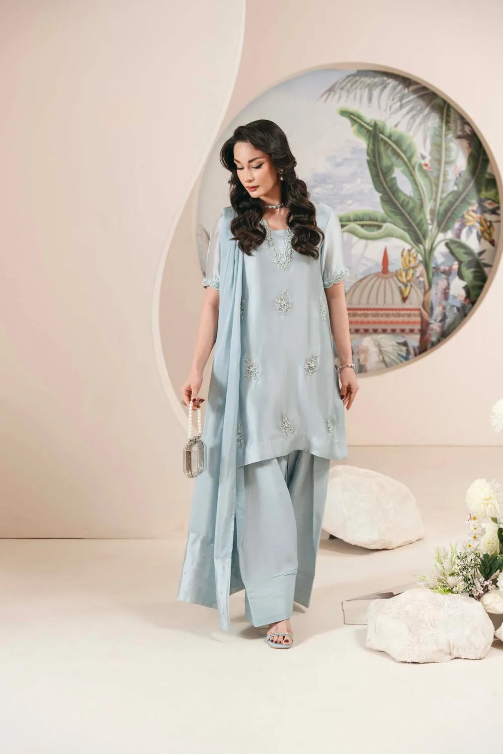 "Sheesha Silk Shirt with Scalloped Neckline Adorned with Pearls and Sequins."