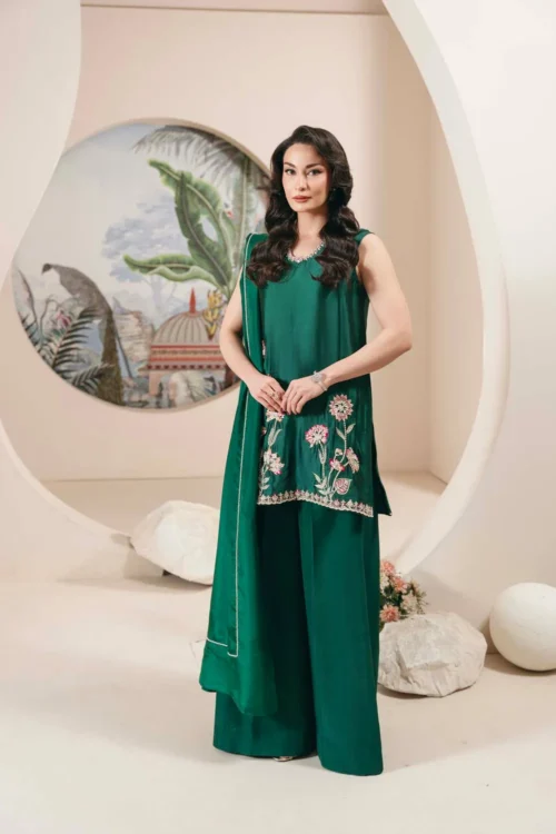 Sheesha Silk Shirt with Bold Threadwork and Pearl Embellishments.