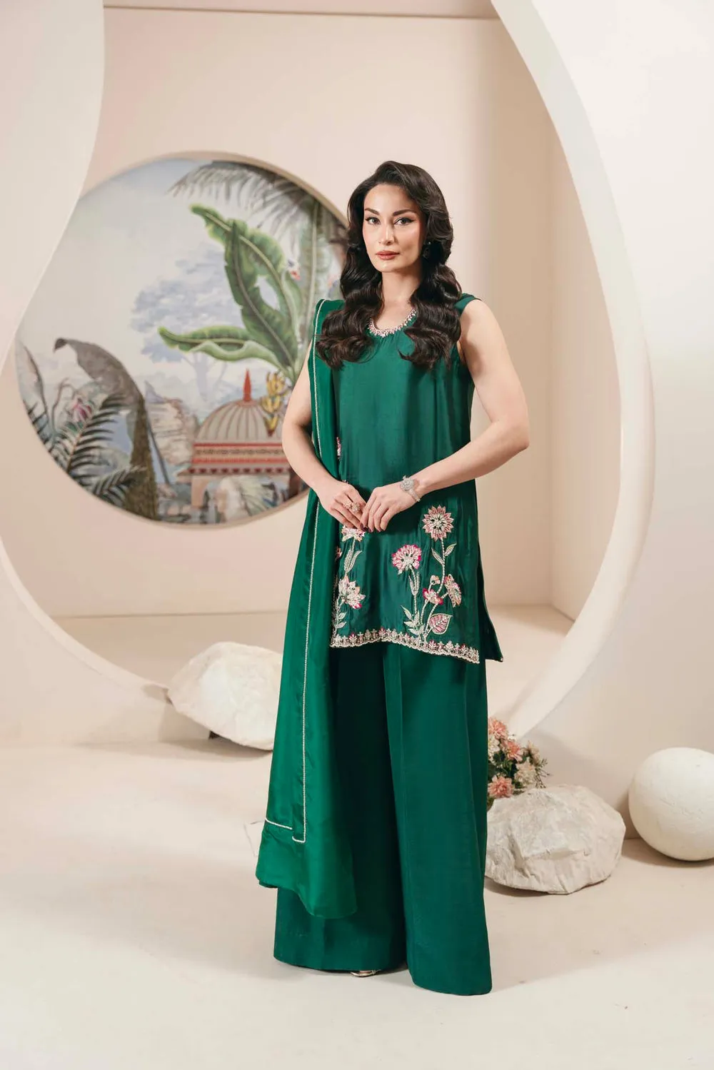 Sheesha Silk Shirt with Bold Threadwork and Pearl Embellishments.