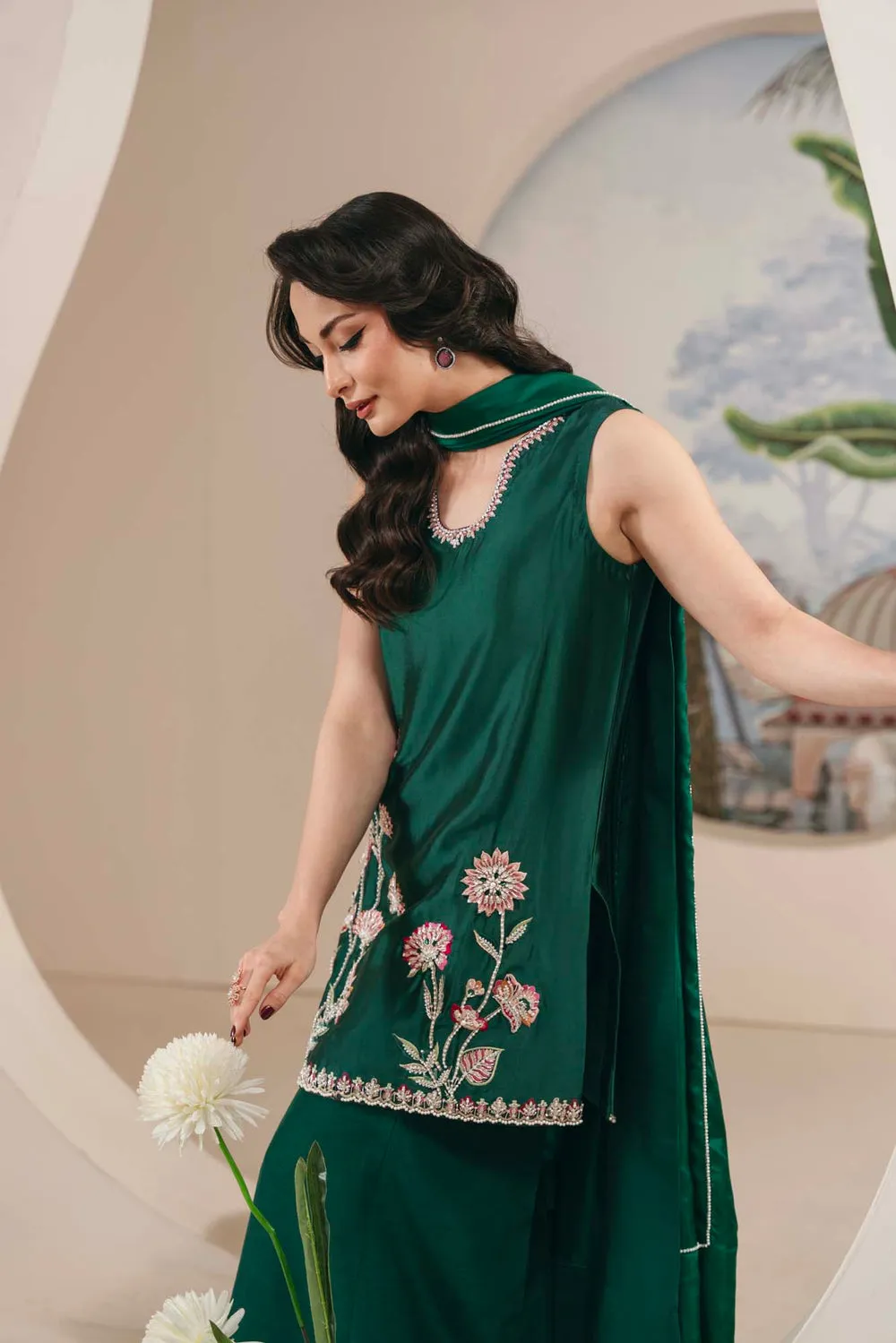 Sheesha Silk Shirt with Bold Threadwork and Pearl Embellishments.