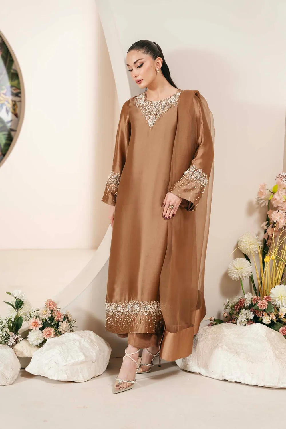 "Sheesha Silk Shirt with Intricate Tilla and Threadwork Neckline and Border."