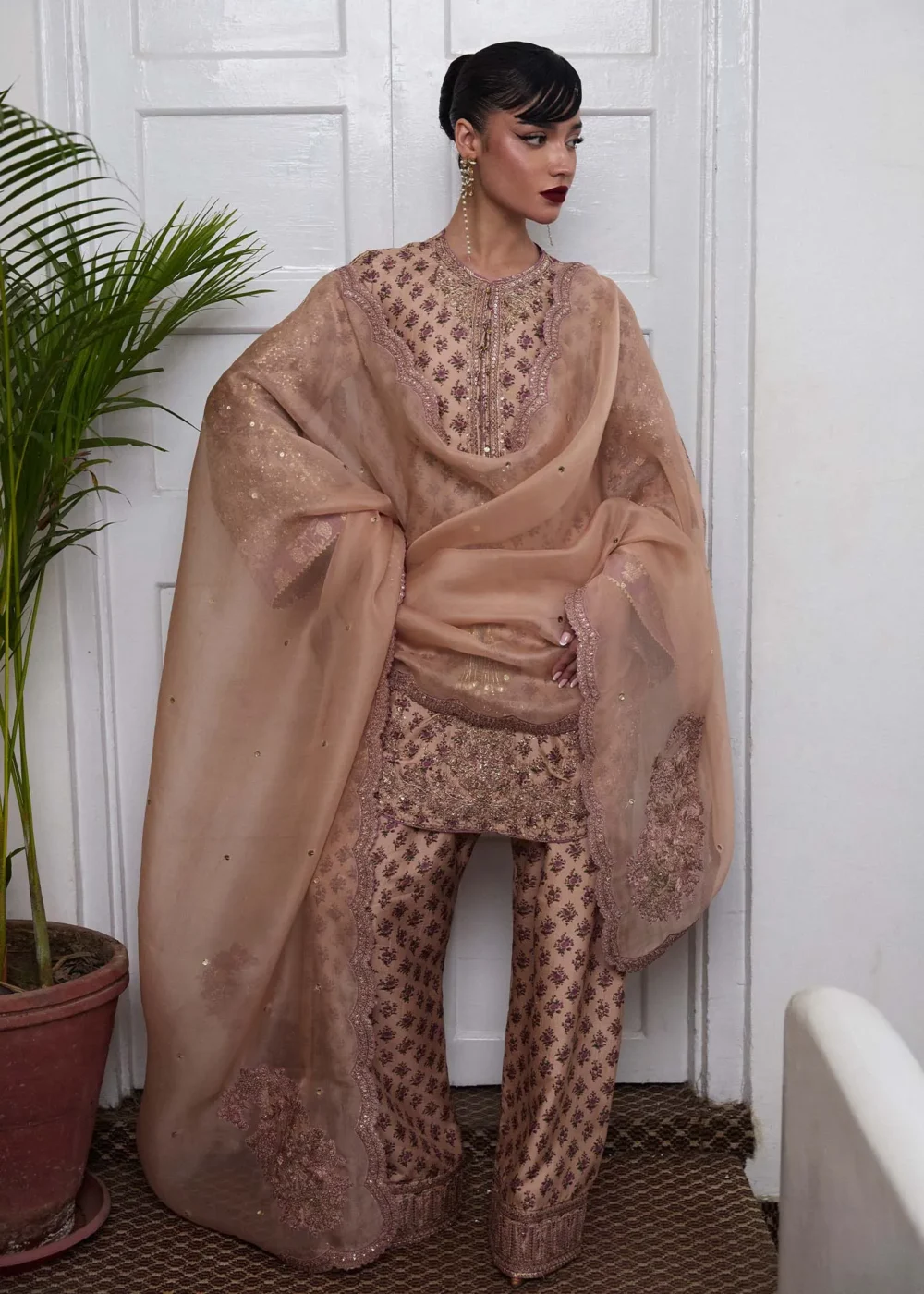 "Beige Fawn Pure Raw Silk Kameez with Intricate Embroidery"