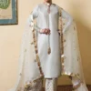 "Ice Blue Long Shirt with Choridar Sleeves and Intricate Embellishments"