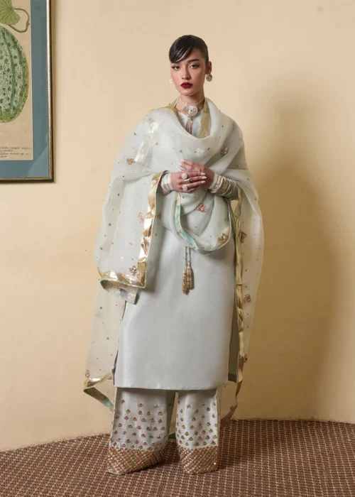 "Ice Blue Long Shirt with Choridar Sleeves and Intricate Embellishments"