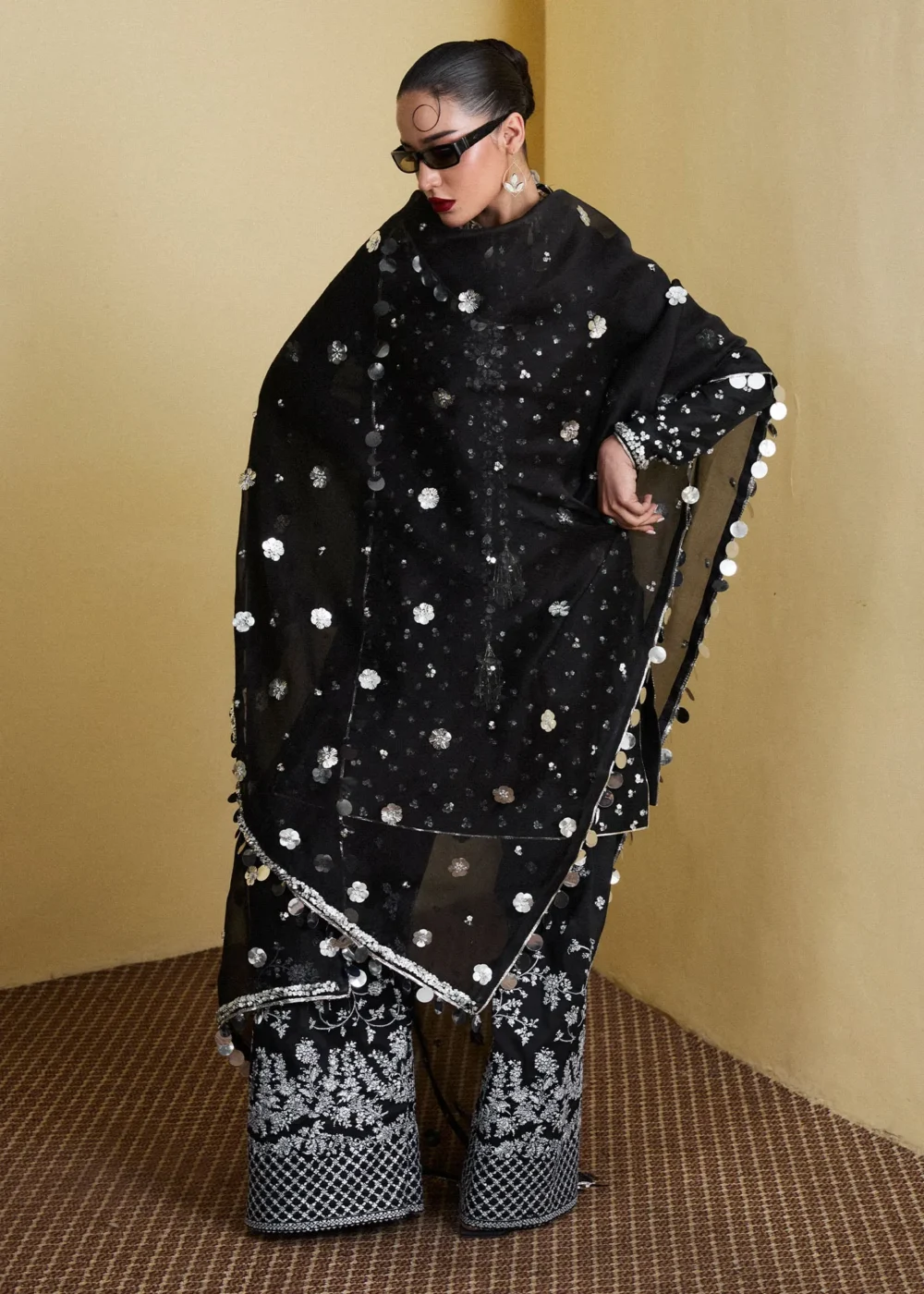 "Jet Black Raw Silk Shirt with 3D Flower Embellishments"