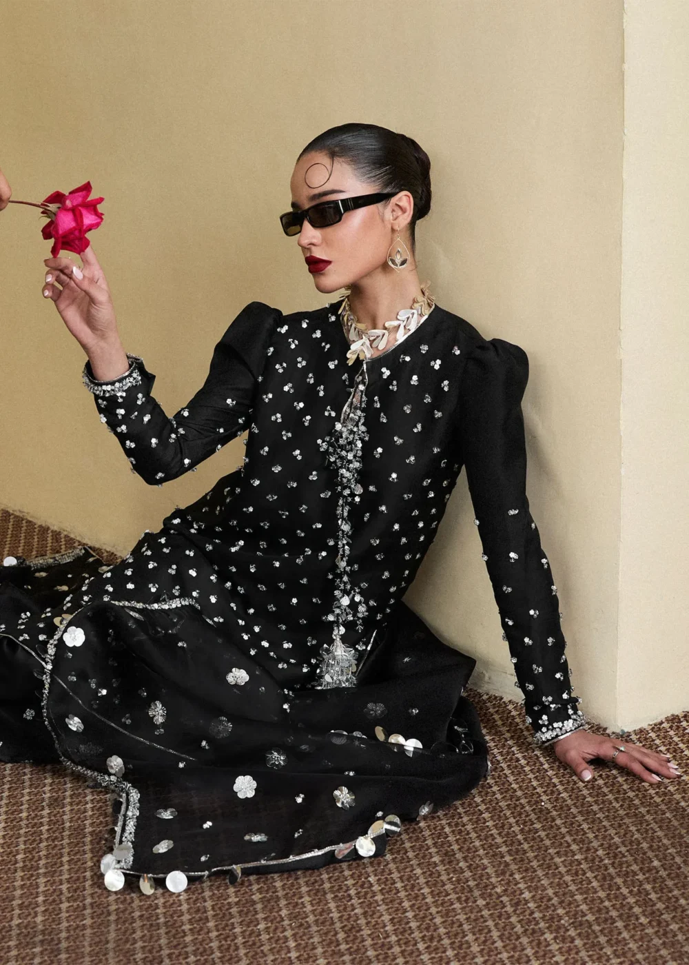 "Jet Black Raw Silk Shirt with 3D Flower Embellishments"