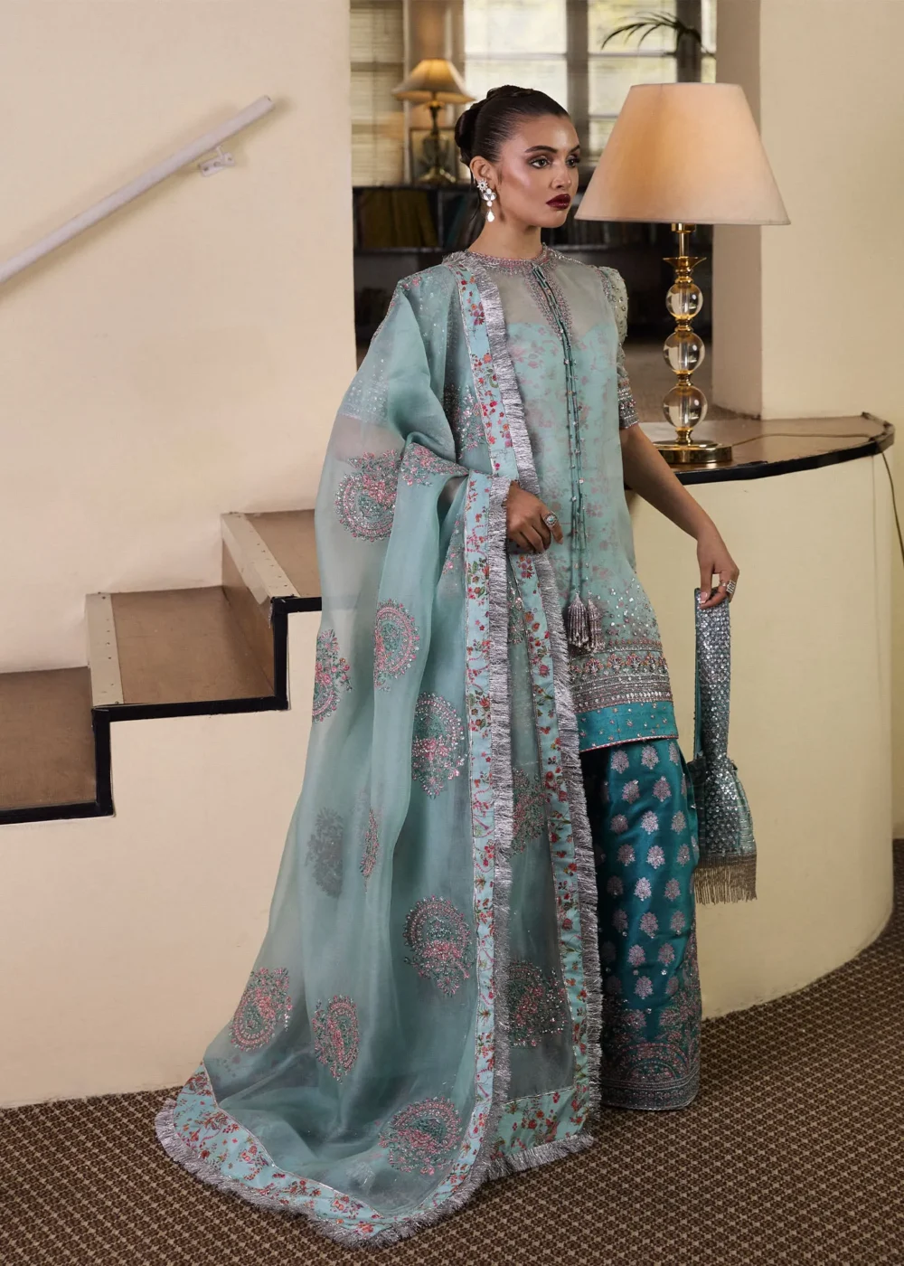 "Ice Blue Organza Shirt & Teal Silk Shalwar with Hand-Embellished Details and Puff Sleeves"