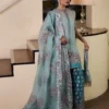 "Ice Blue Organza Shirt & Teal Silk Shalwar with Hand-Embellished Details and Puff Sleeves"