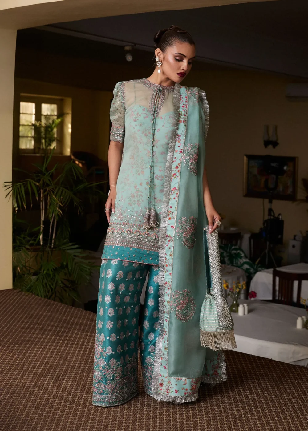 "Ice Blue Organza Shirt & Teal Silk Shalwar with Hand-Embellished Details and Puff Sleeves"