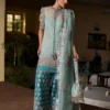 "Ice Blue Organza Shirt & Teal Silk Shalwar with Hand-Embellished Details and Puff Sleeves"
