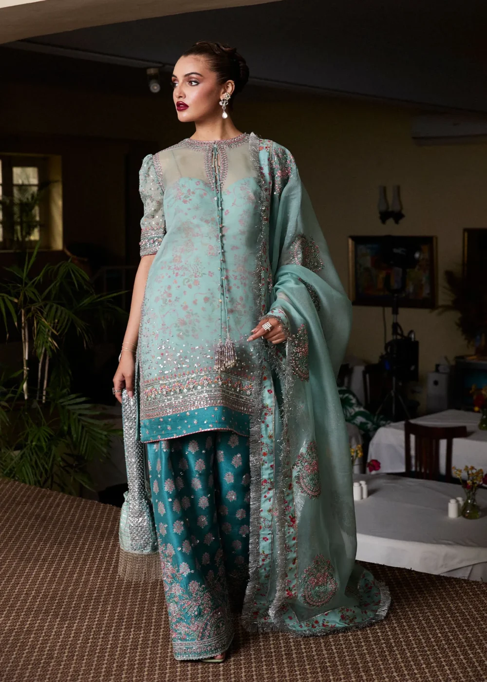 "Ice Blue Organza Shirt & Teal Silk Shalwar with Hand-Embellished Details and Puff Sleeves"