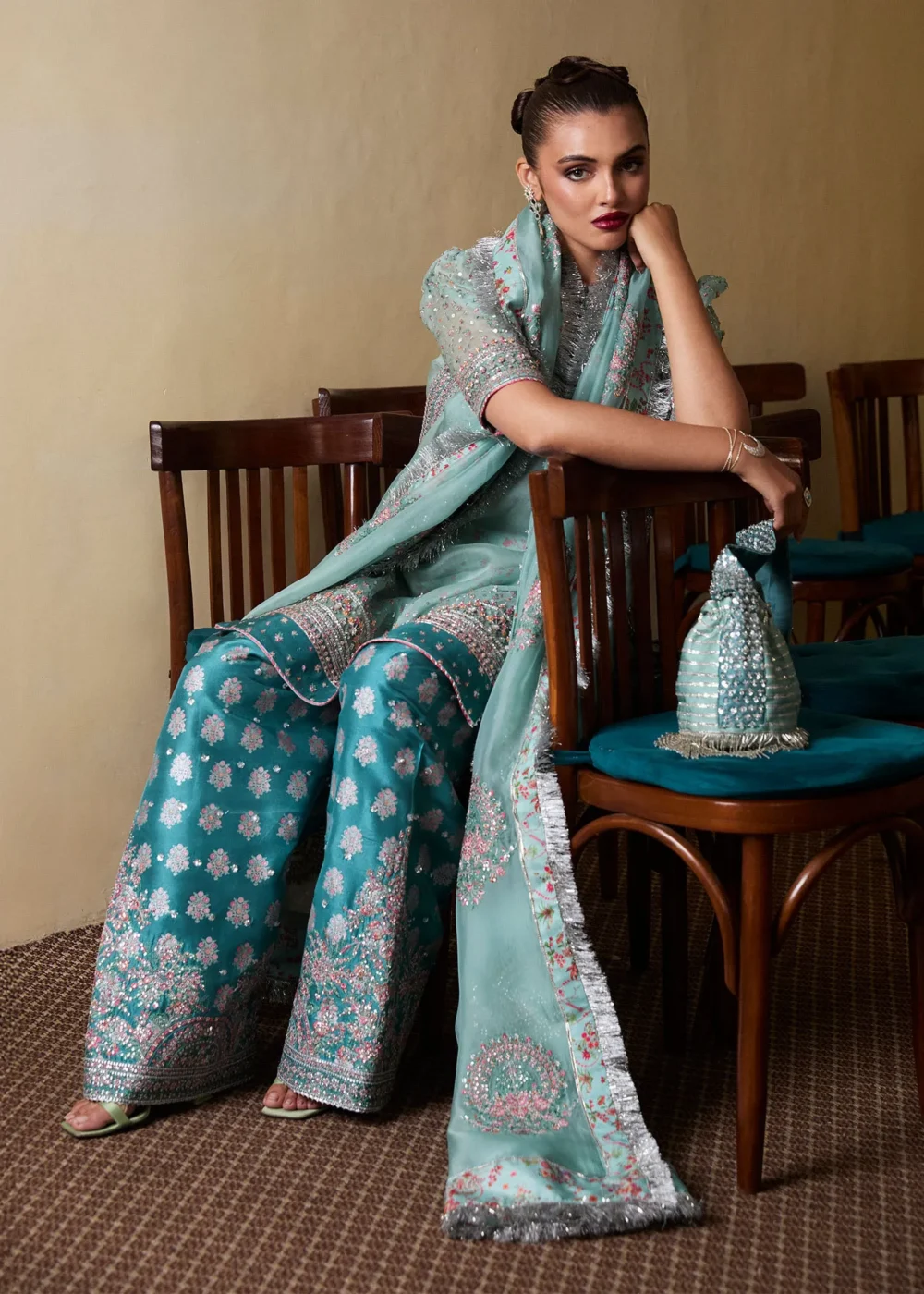 "Ice Blue Organza Shirt & Teal Silk Shalwar with Hand-Embellished Details and Puff Sleeves"