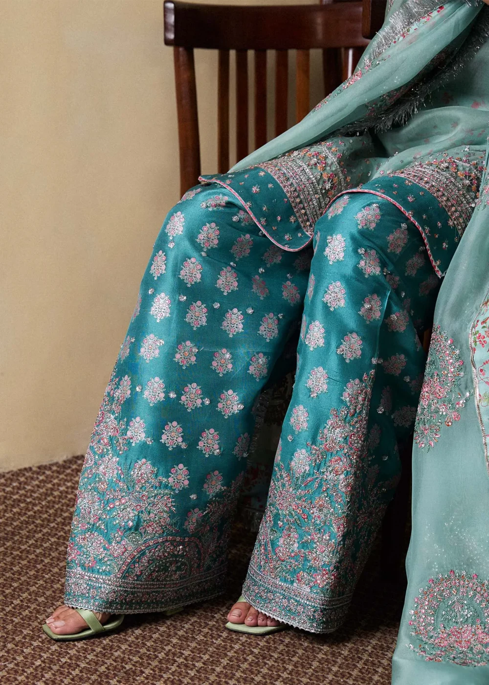 "Ice Blue Organza Shirt & Teal Silk Shalwar with Hand-Embellished Details and Puff Sleeves"