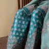 "Ice Blue Organza Shirt & Teal Silk Shalwar with Hand-Embellished Details and Puff Sleeves"
