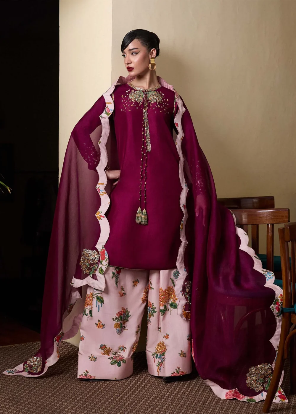 "Purple Plum Shirt with Hydrangea Hand Embroidery Details" "Purple Plum Shirt with Hydrangea Hand Embroidery Details"