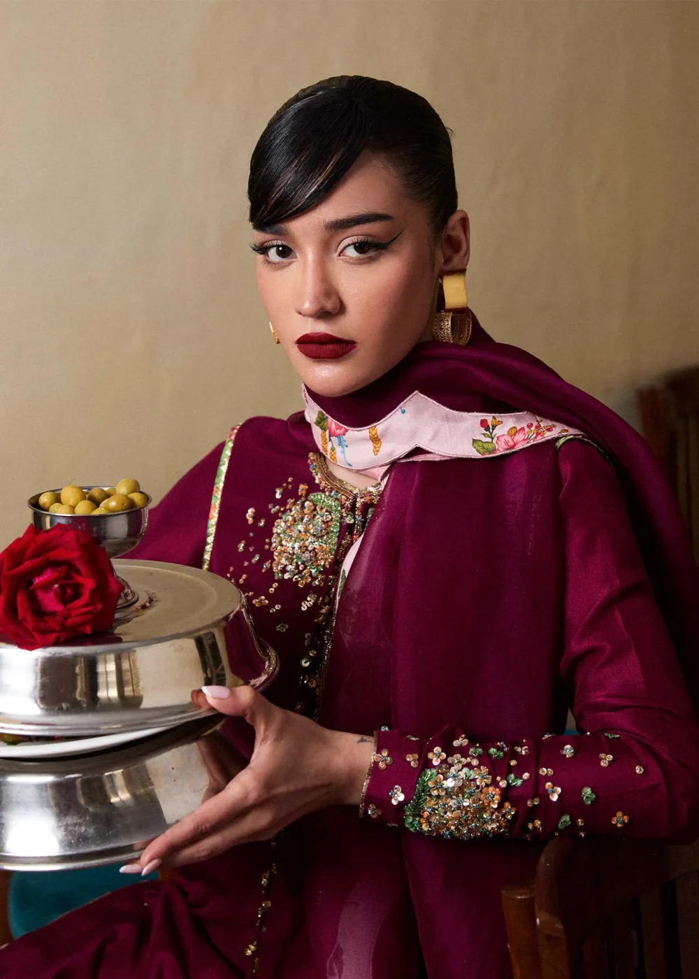 "Purple Plum Shirt with Hydrangea Hand Embroidery Details" "Purple Plum Shirt with Hydrangea Hand Embroidery Details"