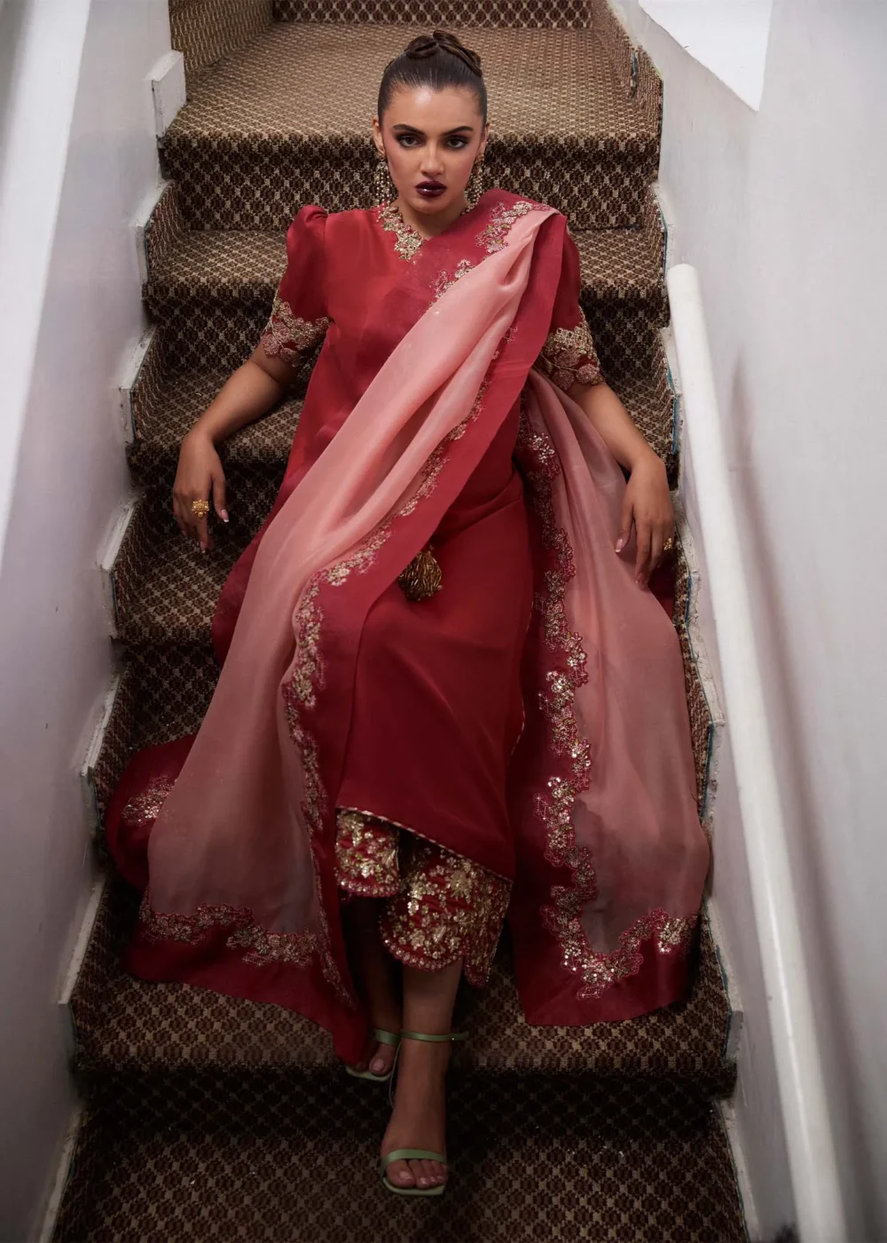 "Salmon Pink Long Shirt with Cut-Worked Sleeves and Intricate Neckline"