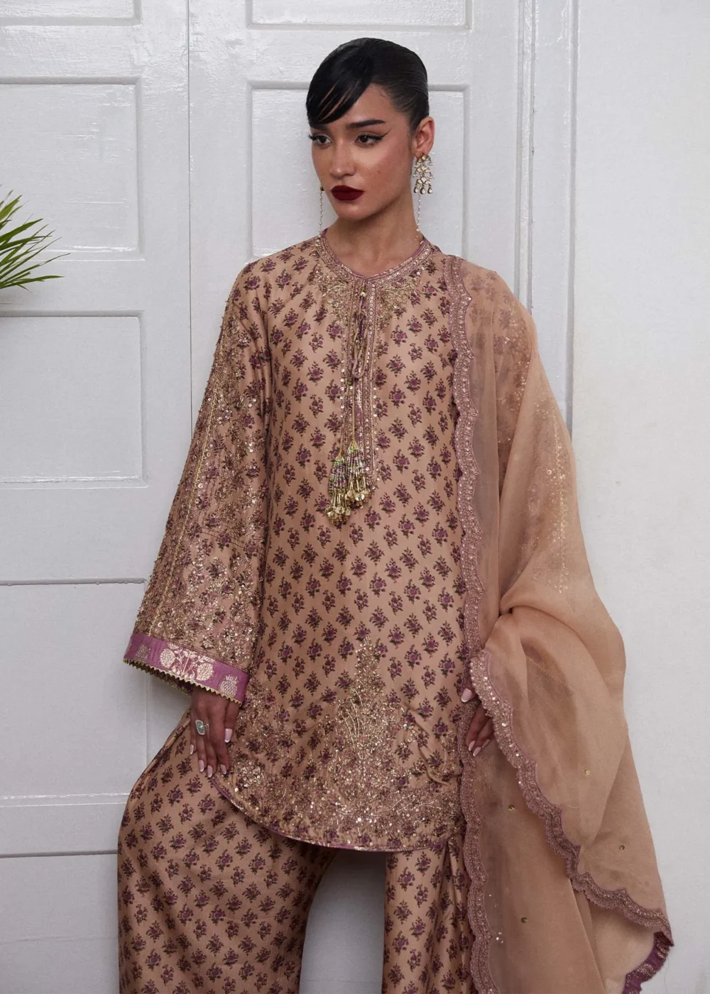 "Beige Fawn Pure Raw Silk Kameez with Intricate Embroidery"