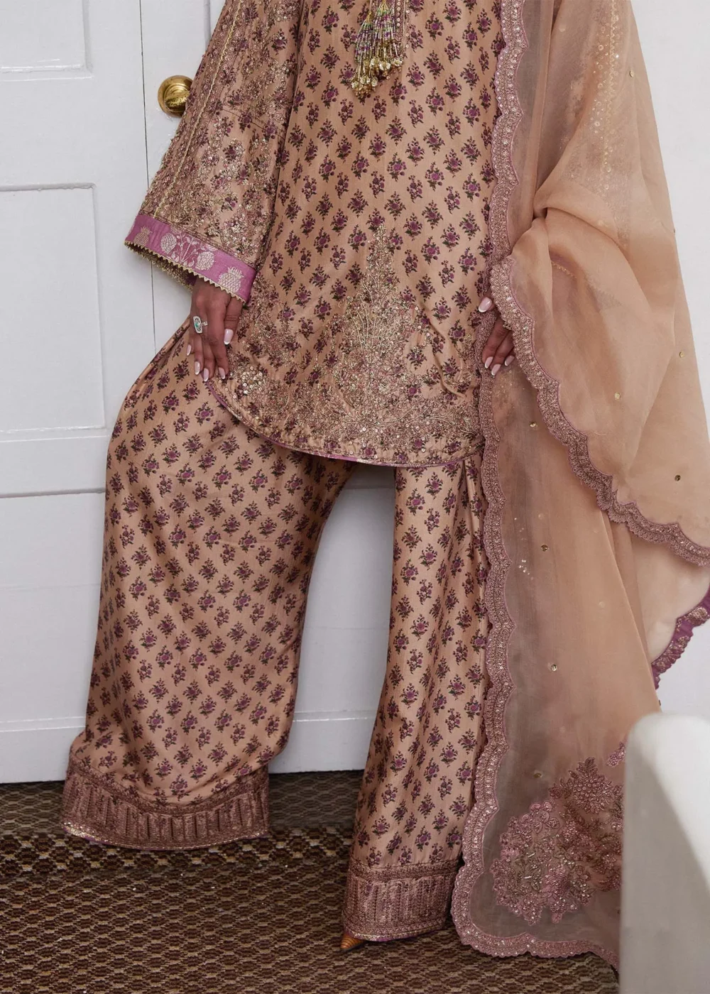 "Beige Fawn Pure Raw Silk Kameez with Intricate Embroidery"