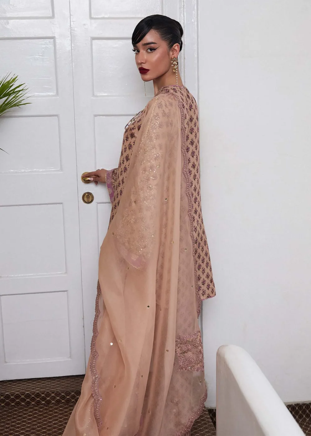 "Beige Fawn Pure Raw Silk Kameez with Intricate Embroidery"