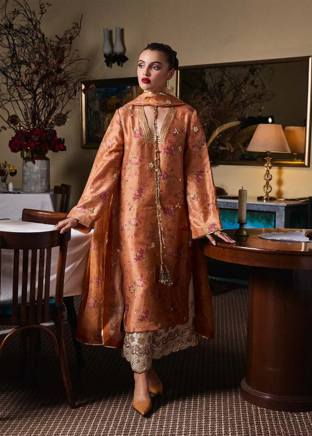 "Rustic Mustard Printed Shirt with Gotta Spray Detailing"