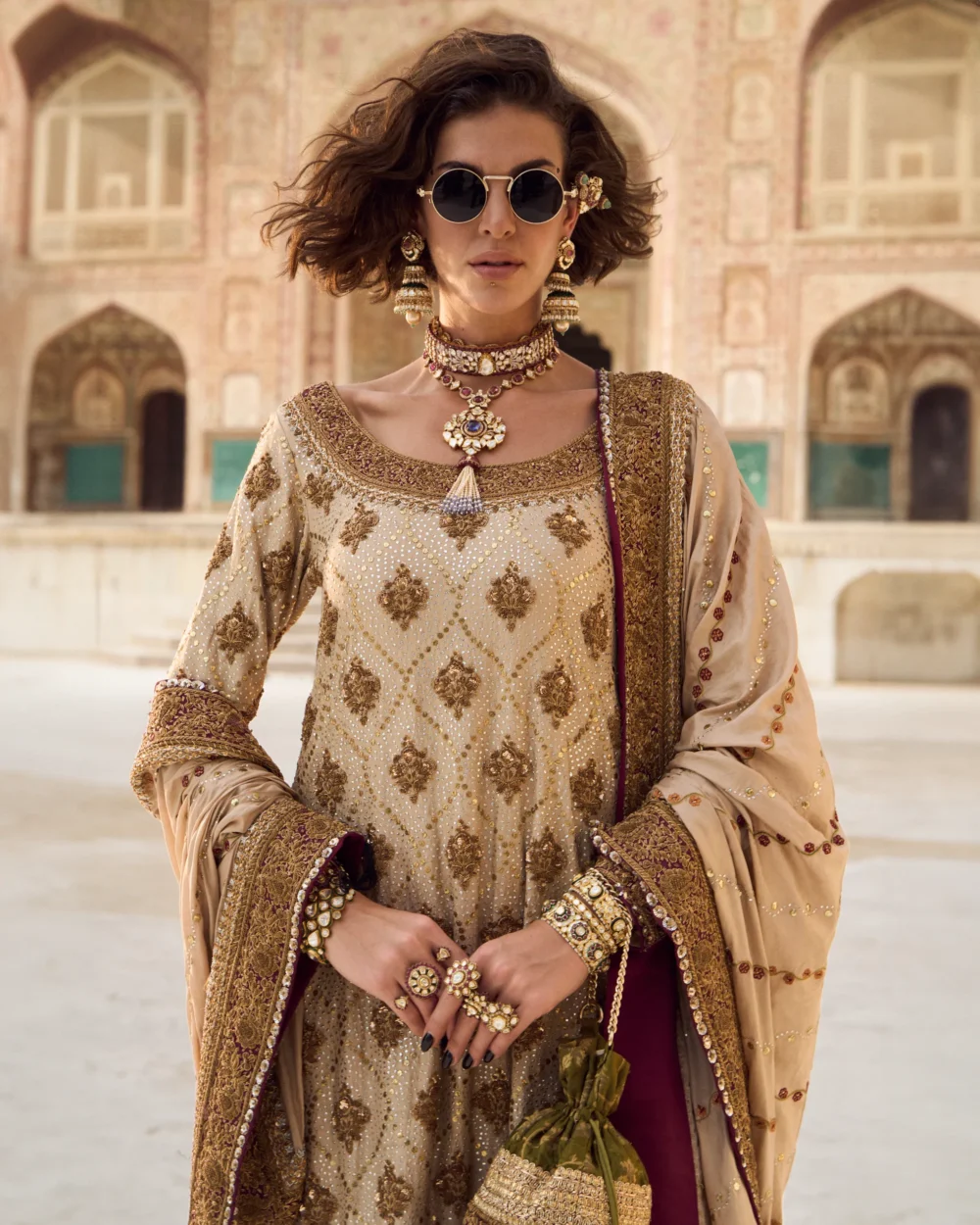 Fawn Silk Ensemble featuring a raw silk shirt with zardozi work, crushed dhaka pajama, and kattan dupatta.