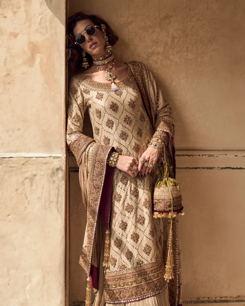 Fawn Silk Ensemble featuring a raw silk shirt with zardozi work, crushed dhaka pajama, and kattan dupatta.