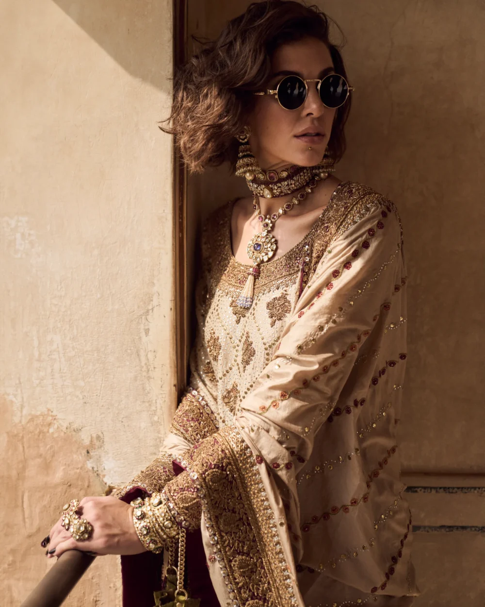 Fawn Silk Ensemble featuring a raw silk shirt with zardozi work, crushed dhaka pajama, and kattan dupatta.