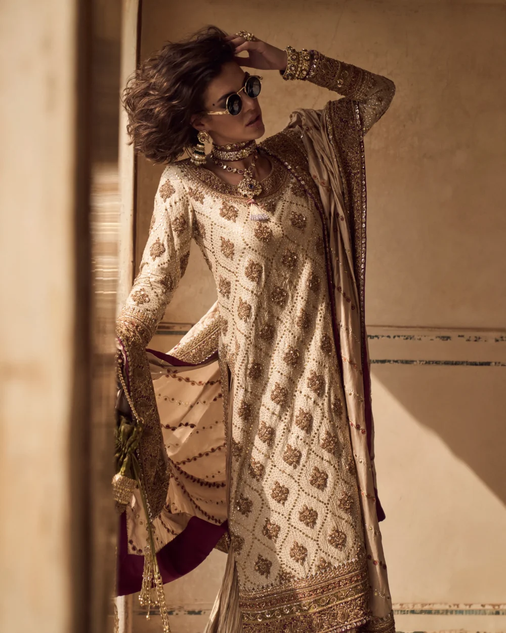 Fawn Silk Ensemble featuring a raw silk shirt with zardozi work, crushed dhaka pajama, and kattan dupatta.